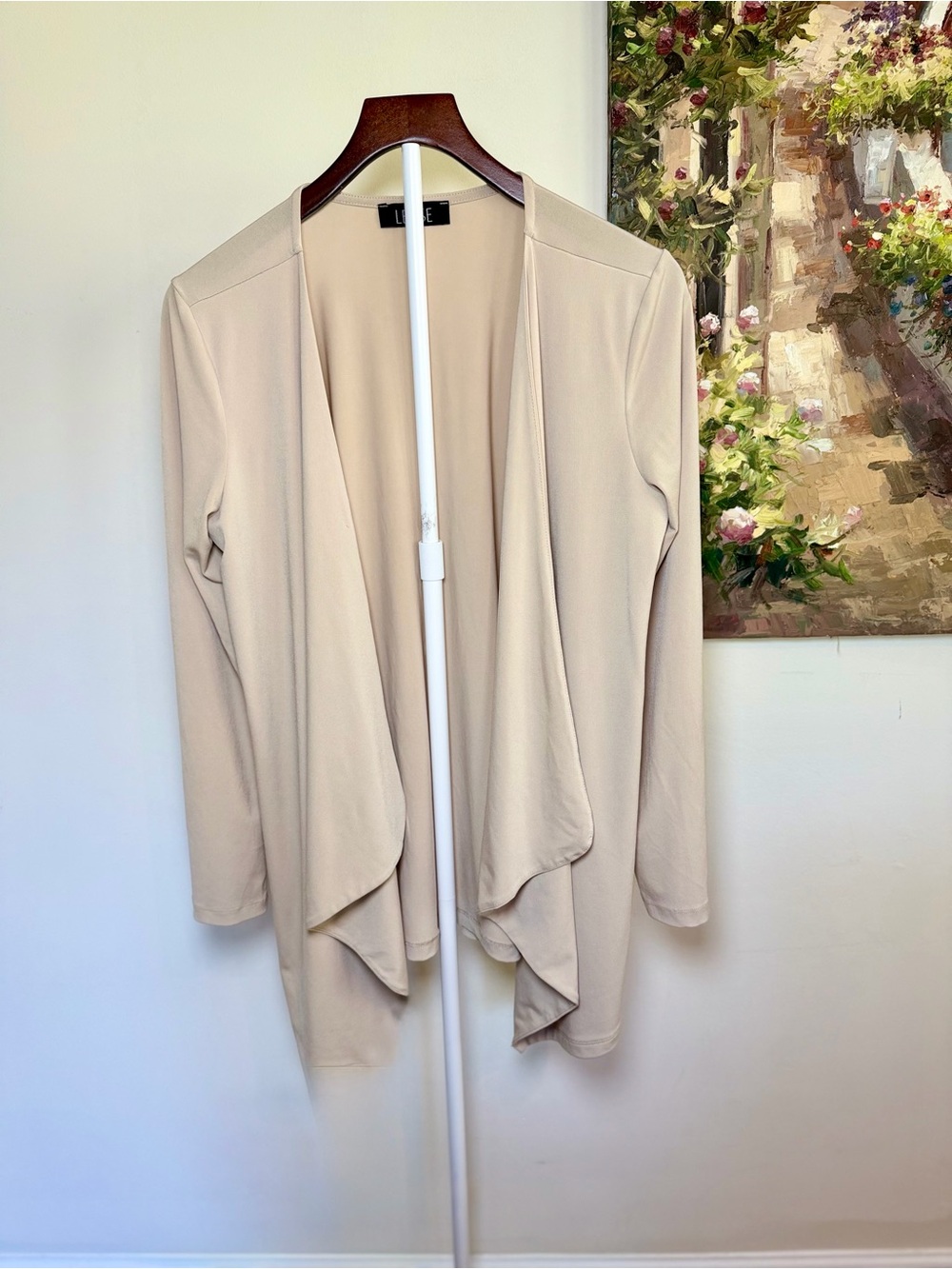 LBISSE Beige Waterfall Drape Open Front Cardigan Jacket Large